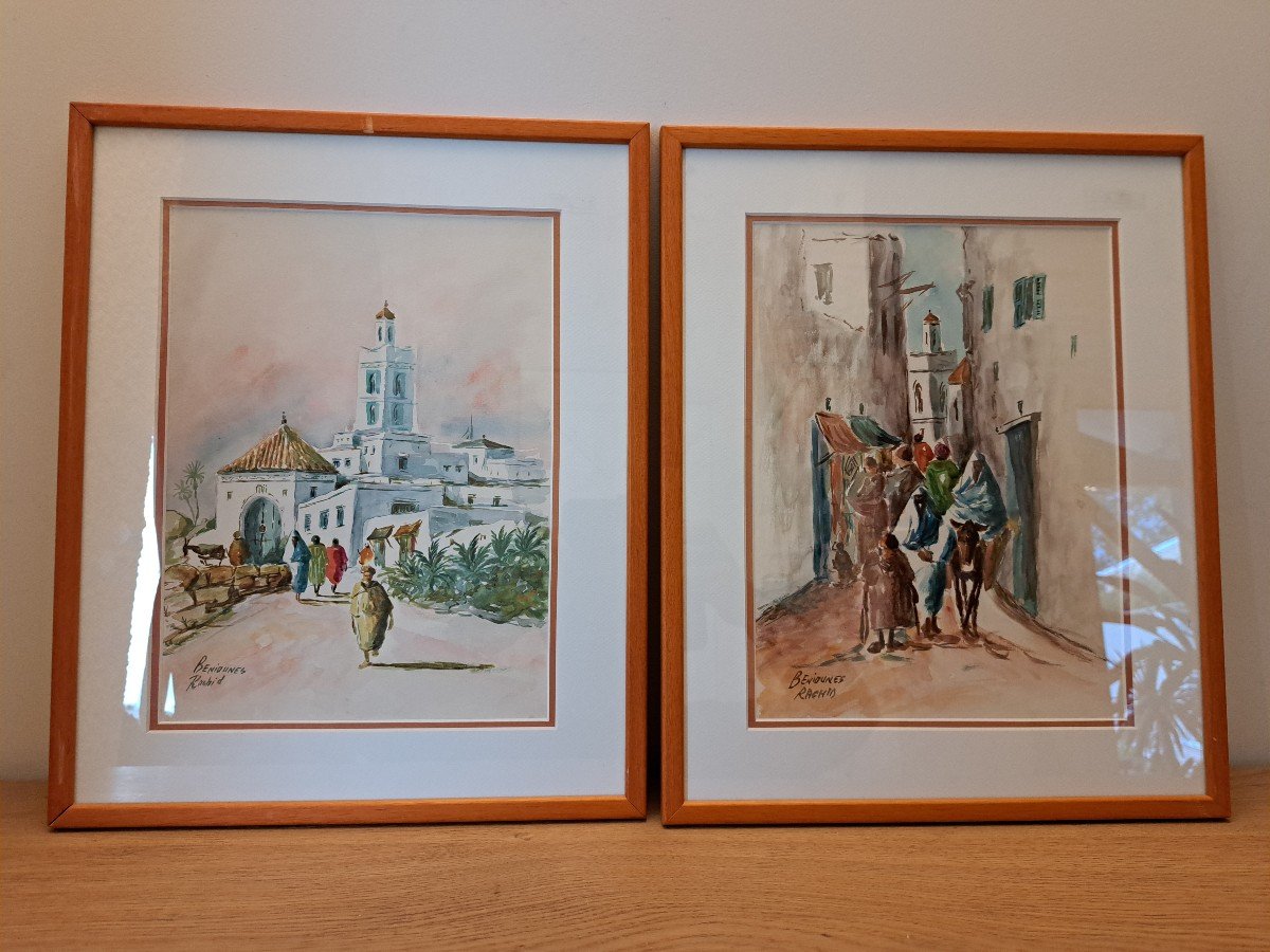 Rachid Beniounes, Pair Of Views Of Moroccan Villages, Watercolor, 20th Century.