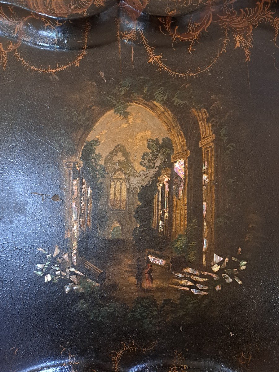 Large Tray, Burgundy Decor, Boiled Cardboard, England, 19th Century.-photo-1