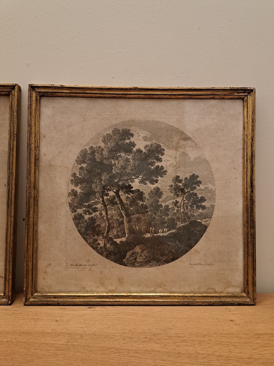 Pair Of Engravings By Drevet, After Perelle, 18th Century.-photo-2