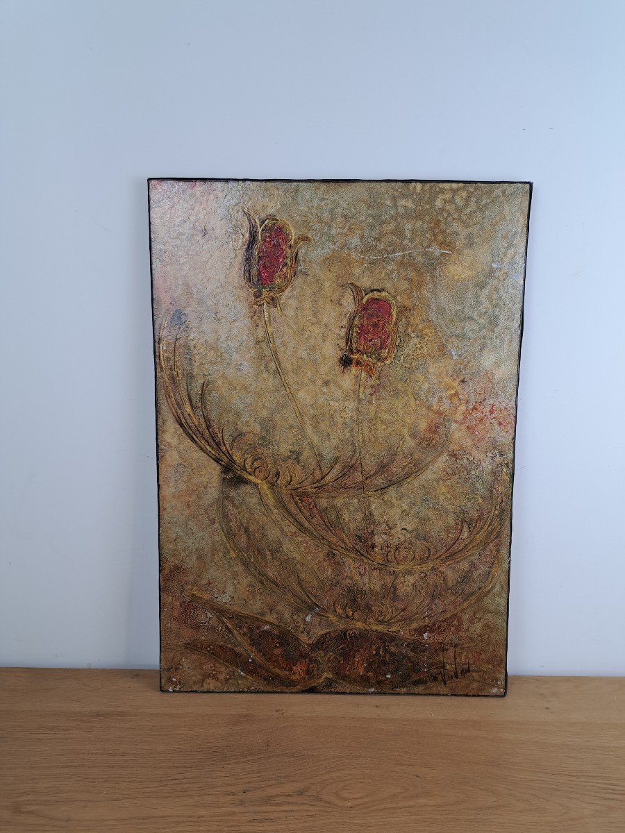 Vuvan, Flowers, Lacquer Panel, Vietnam, 20th Century.