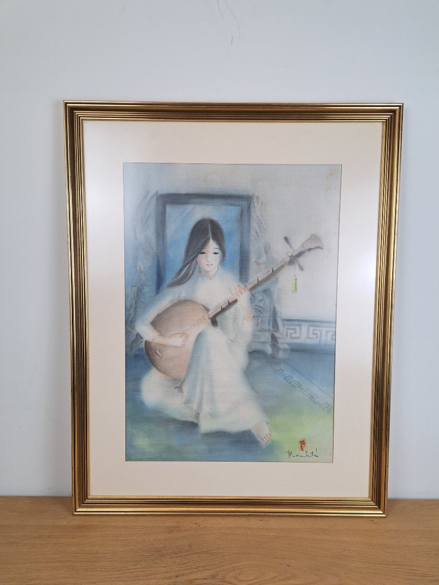 Thanh Tri, Young Woman With Lute, Oil On Silk, Vietnam, 20th Century.-photo-2