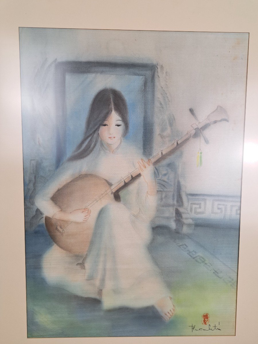 Thanh Tri, Young Woman With Lute, Oil On Silk, Vietnam, 20th Century.-photo-3