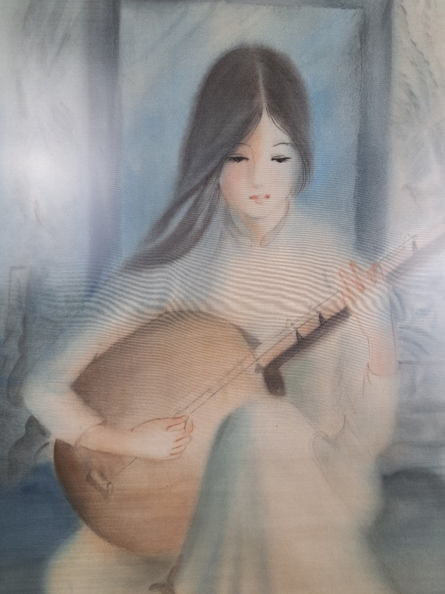 Thanh Tri, Young Woman With Lute, Oil On Silk, Vietnam, 20th Century.-photo-4