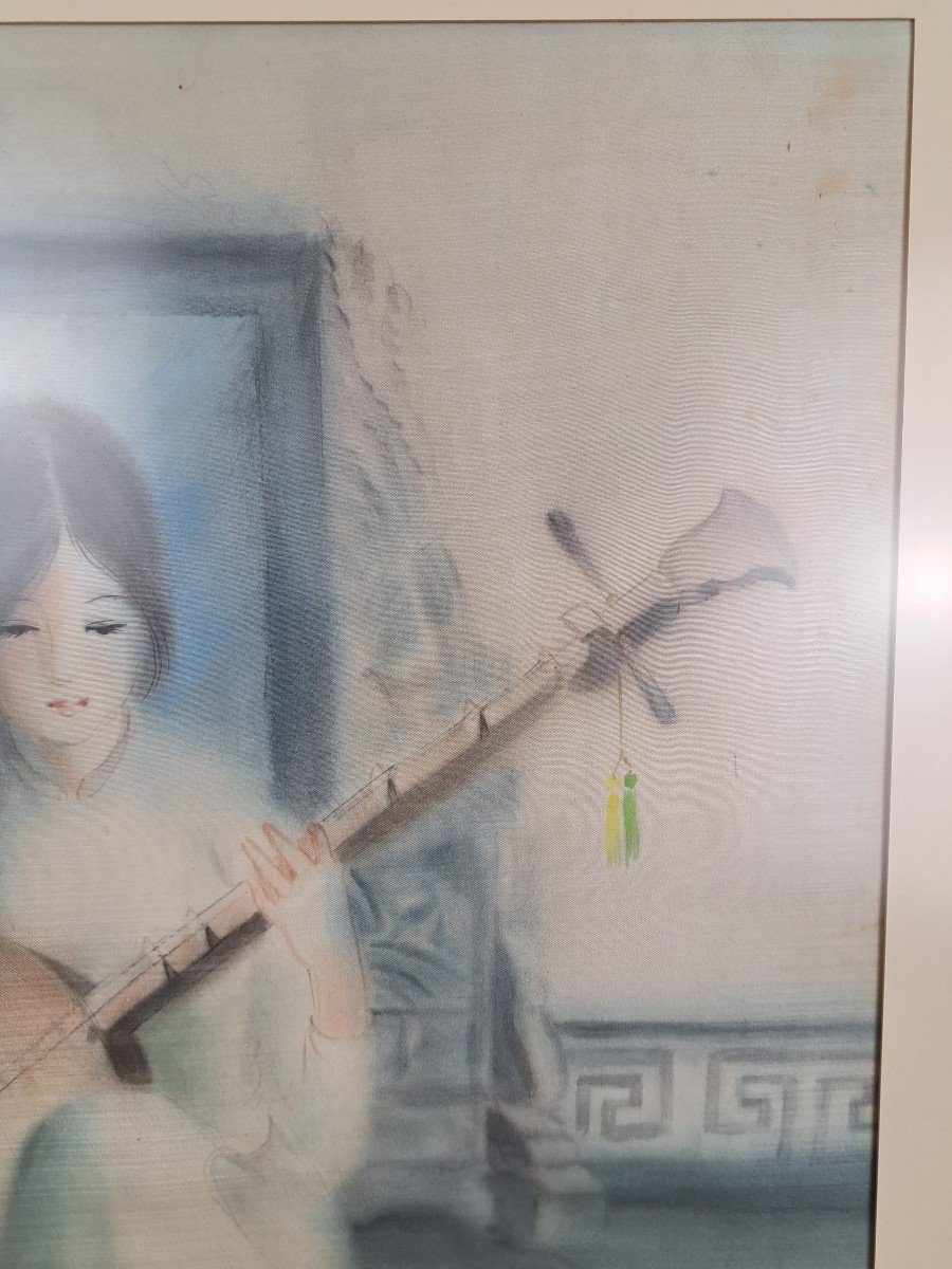 Thanh Tri, Young Woman With Lute, Oil On Silk, Vietnam, 20th Century.-photo-2