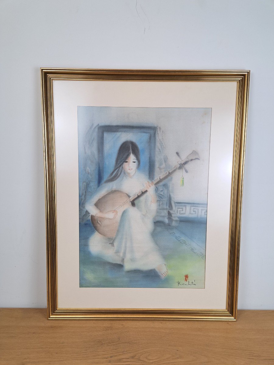 Thanh Tri, Young Woman With Lute, Oil On Silk, Vietnam, 20th Century.