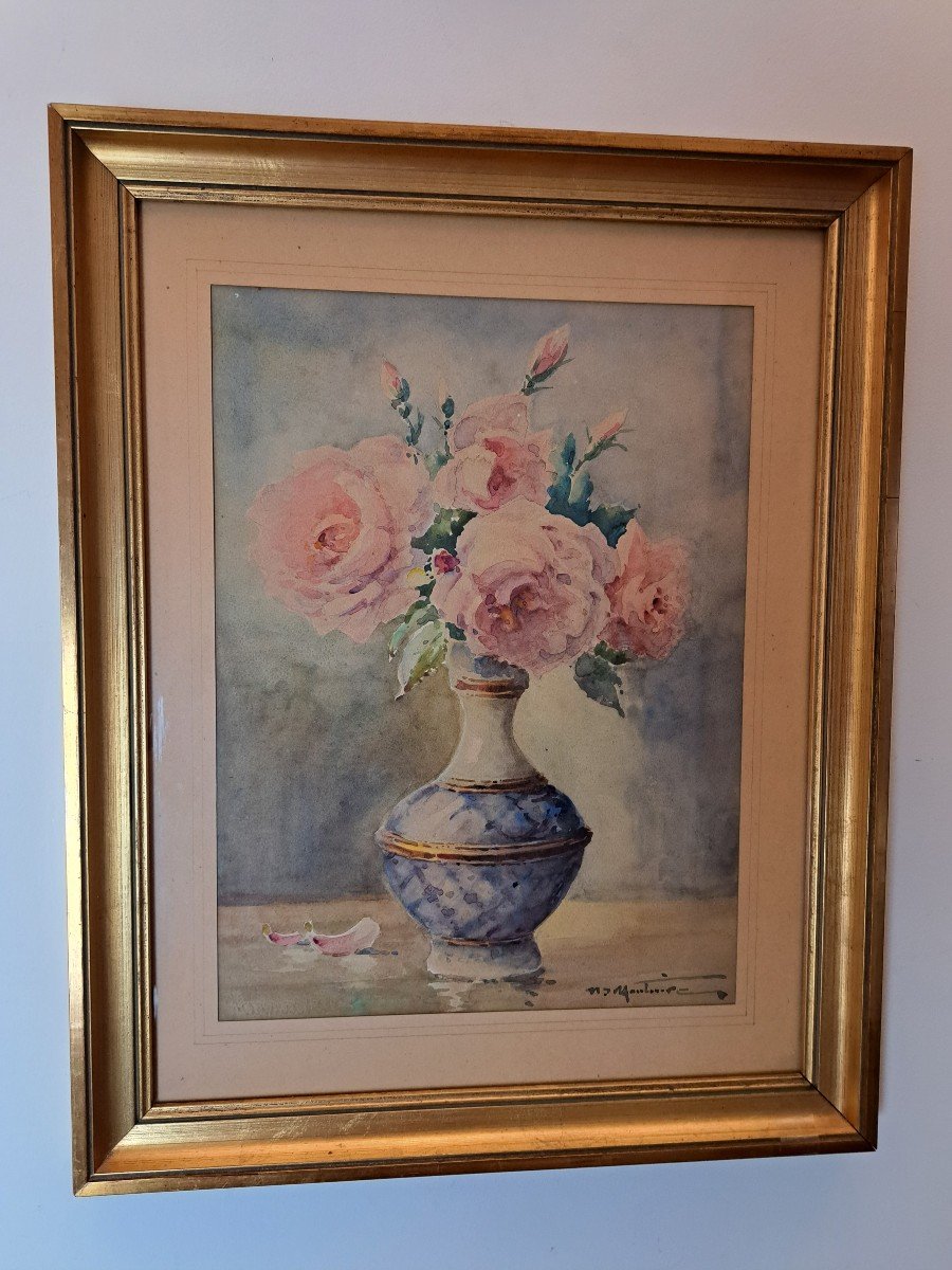 Henri d'Hauterive, Bouquet Of Roses, Watercolor, Early 20th Century.-photo-2