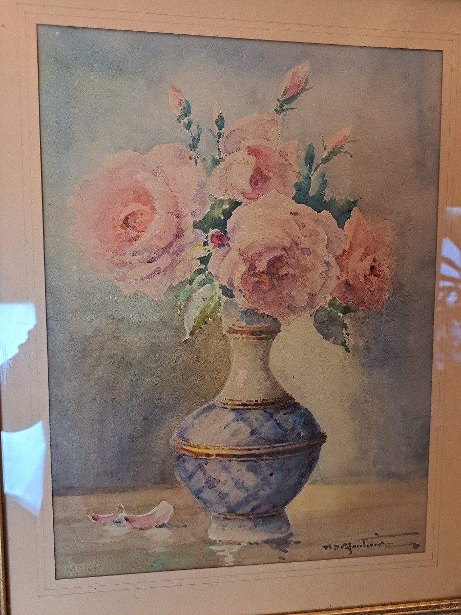 Henri d'Hauterive, Bouquet Of Roses, Watercolor, Early 20th Century.-photo-3