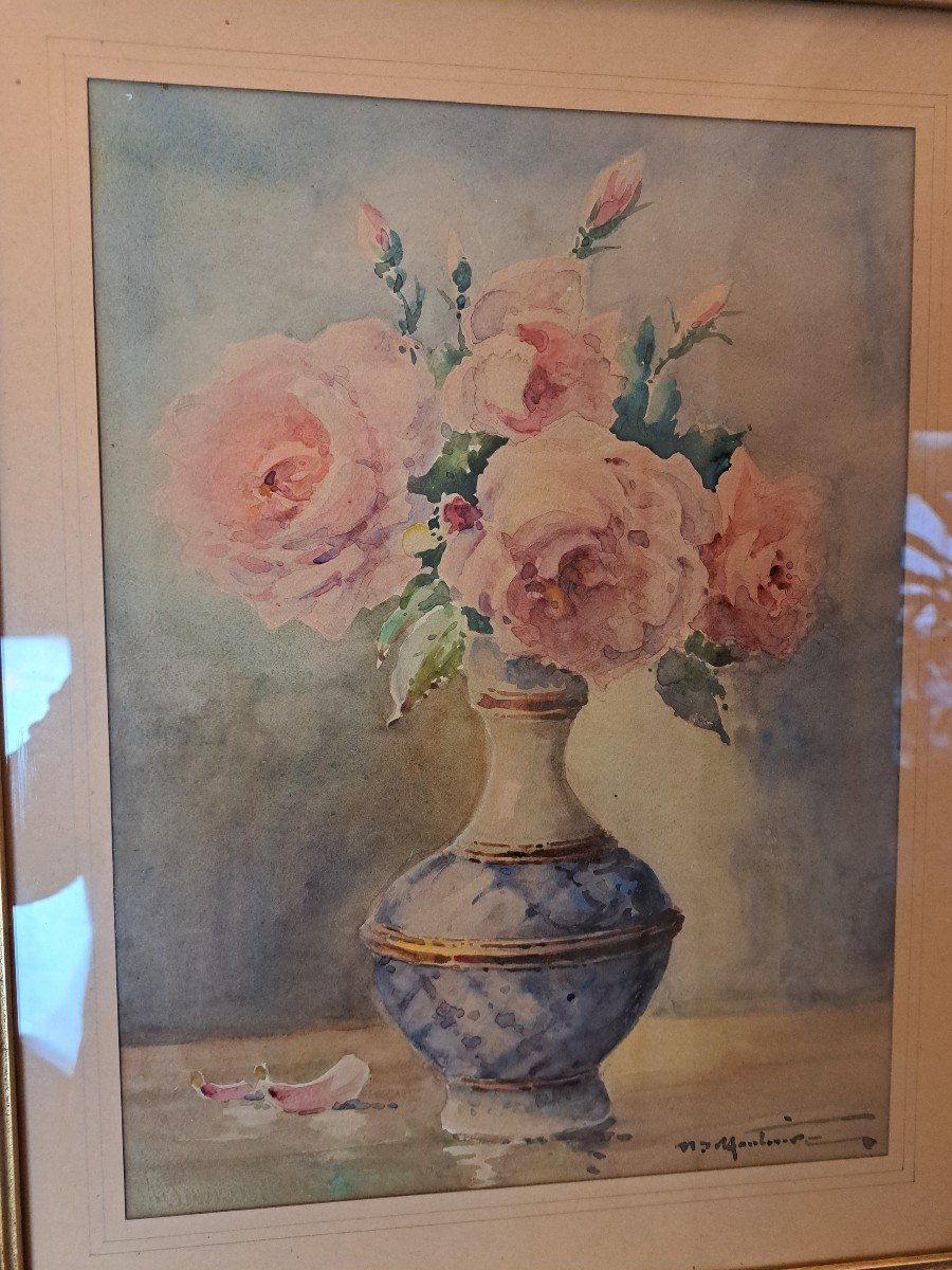 Henri d'Hauterive, Bouquet Of Roses, Watercolor, Early 20th Century.-photo-4