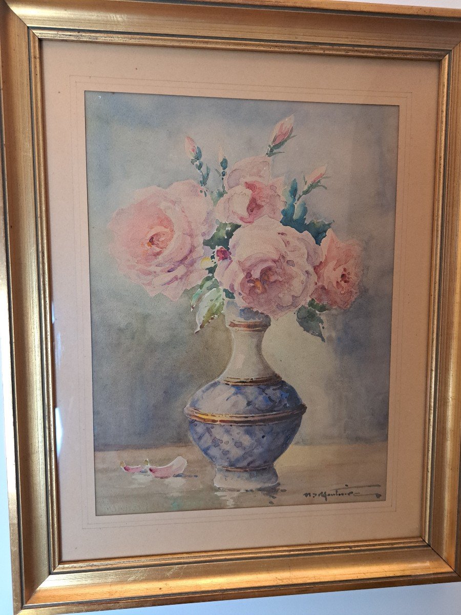 Henri d'Hauterive, Bouquet Of Roses, Watercolor, Early 20th Century.-photo-2