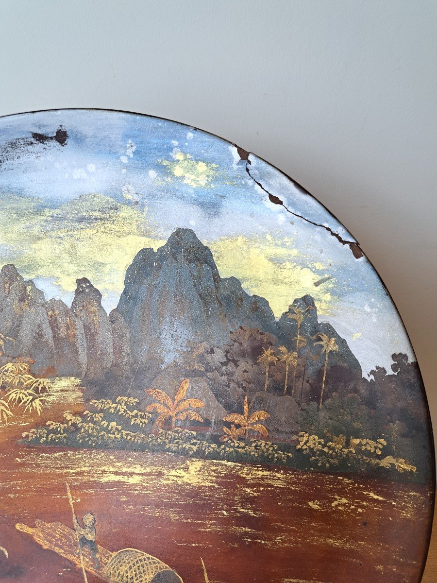 Nguyen Quang Mau , Assiette , Décor Lacustre , Bois Laqué , XX°. -photo-4