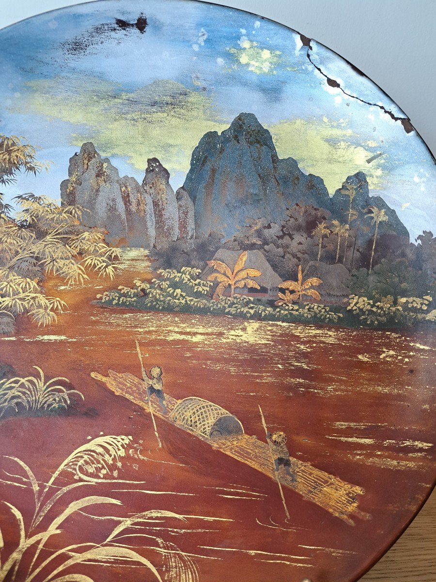 Nguyen Quang Mau , Assiette , Décor Lacustre , Bois Laqué , XX°. -photo-2