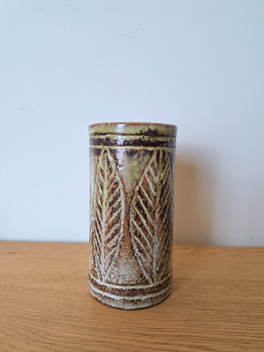 Olivier Pettit, Roller Vase, Leaf Decor, Ceramic, 50s/60s.-photo-3