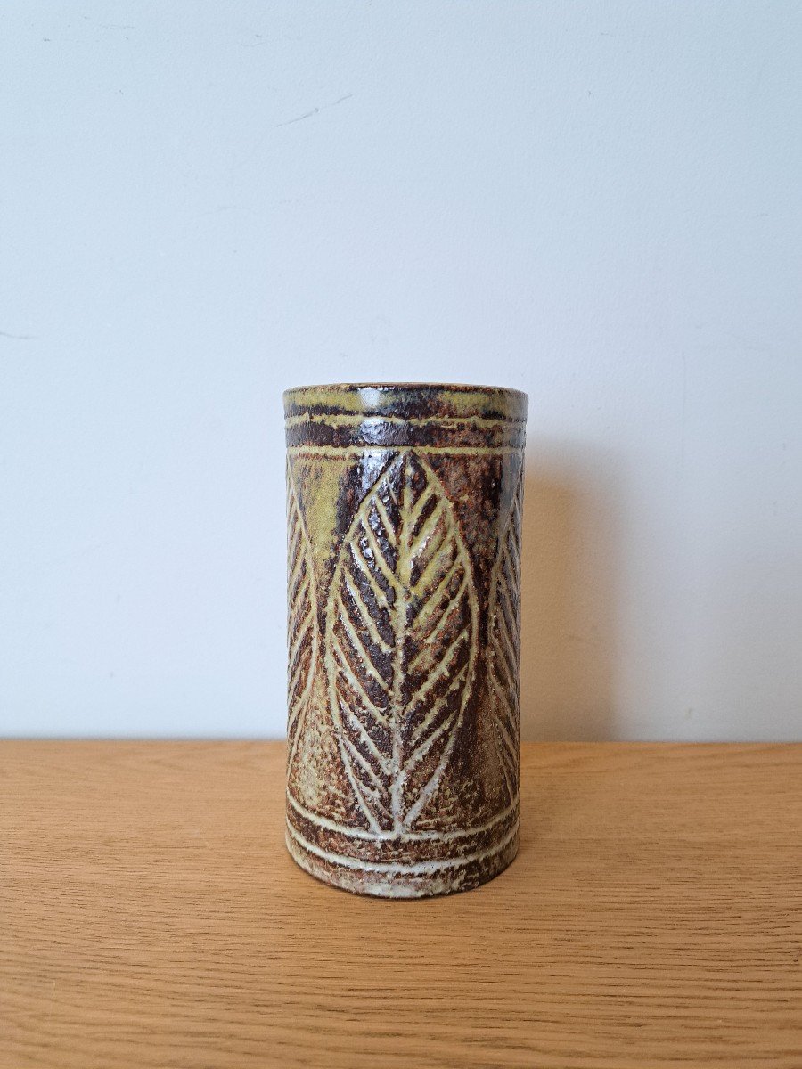Olivier Pettit, Roller Vase, Leaf Decor, Ceramic, 50s/60s.