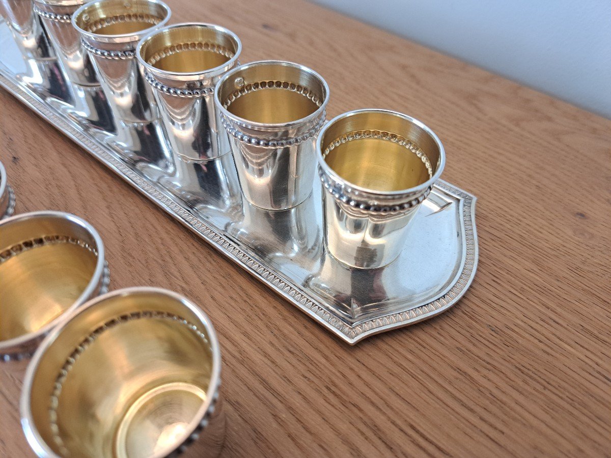 12 Liqueur Goblets And Tray, Sterling Silver, Louis XVI, 19th Century.-photo-4