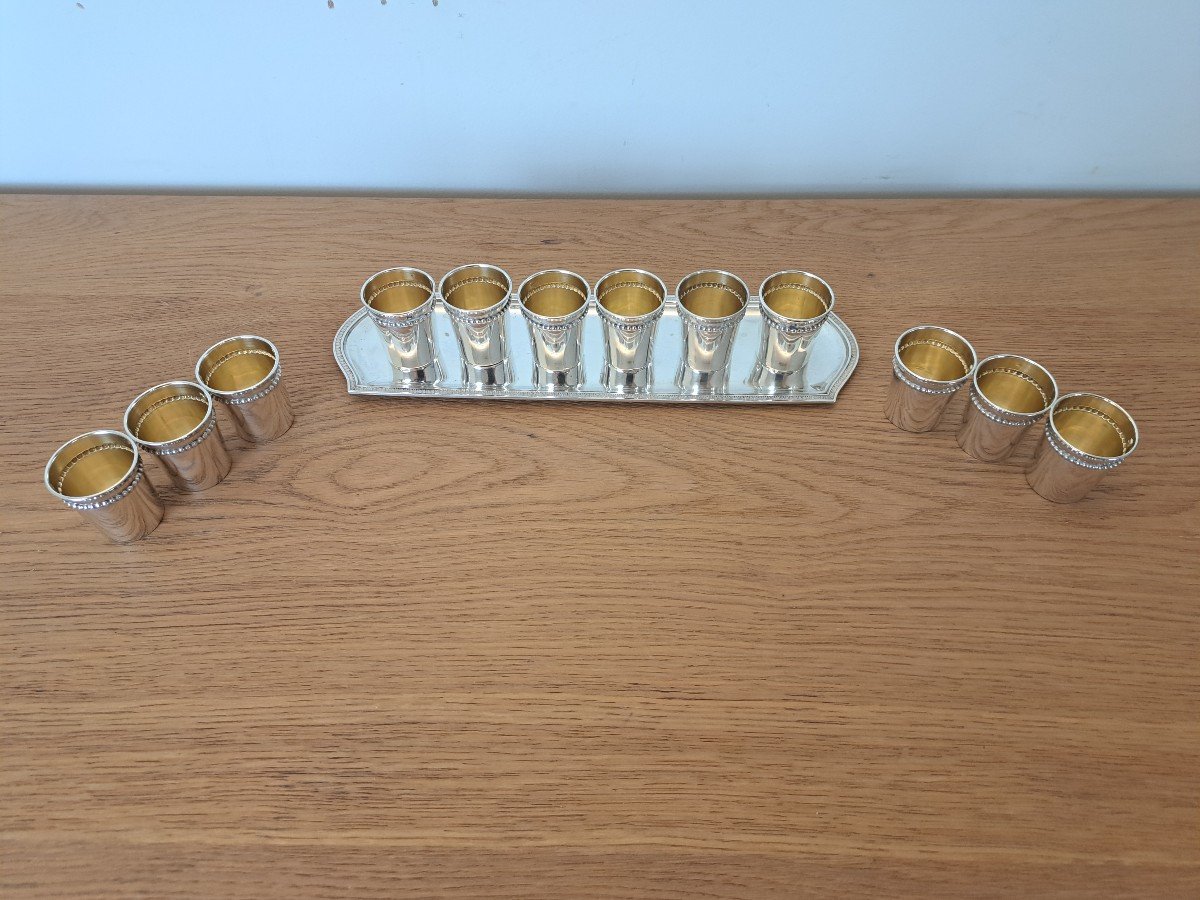 12 Liqueur Goblets And Tray, Sterling Silver, Louis XVI, 19th Century.-photo-4