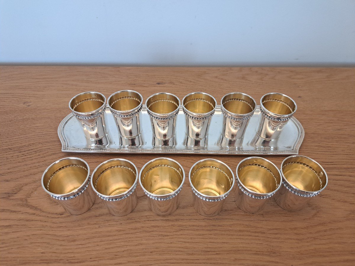 12 Liqueur Goblets And Tray, Sterling Silver, Louis XVI, 19th Century.