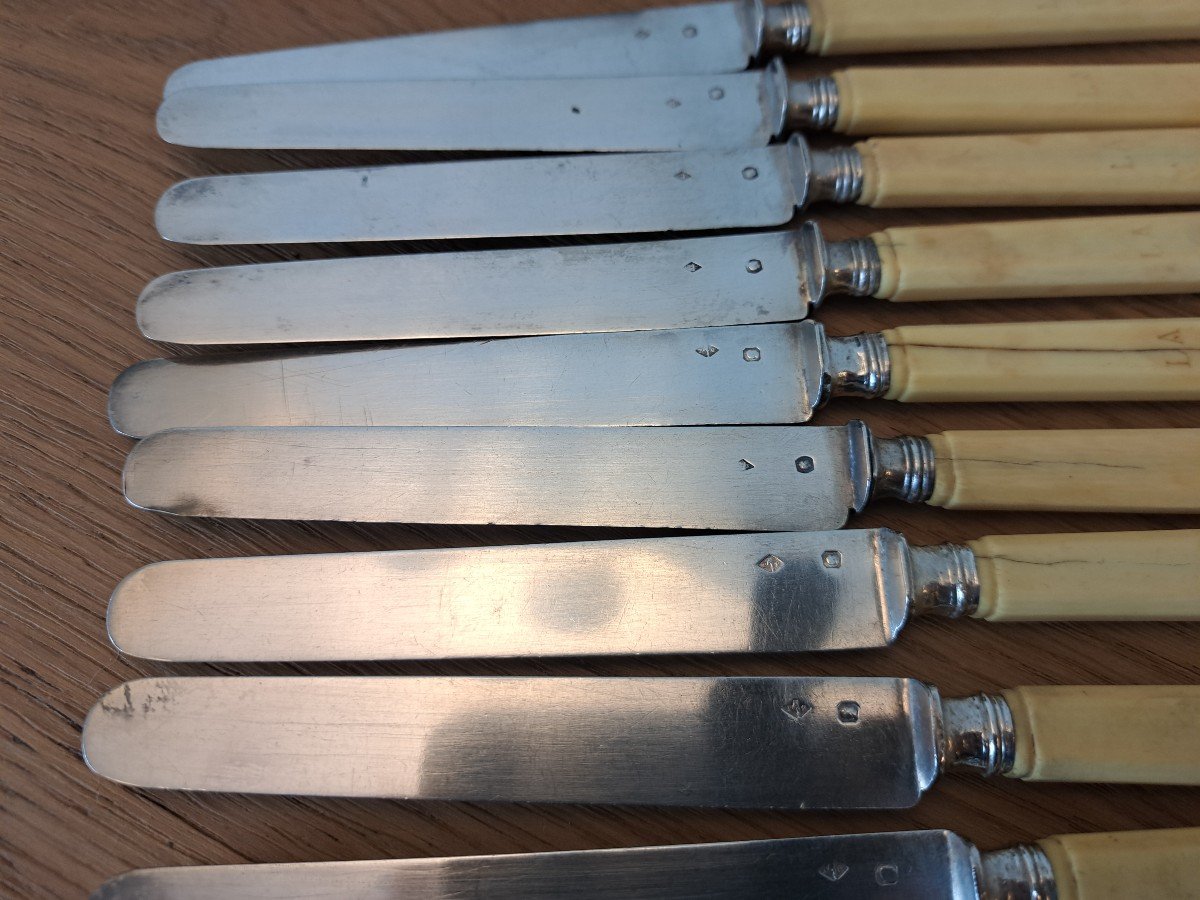 Paul Queillé, Suite Of 24 Knives, Ivory, Silver, Steel, 19th Century.-photo-3