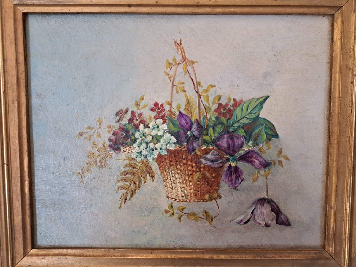Flower Basket, Oil On Canvas, Late 19th/early 20th Century. -photo-3