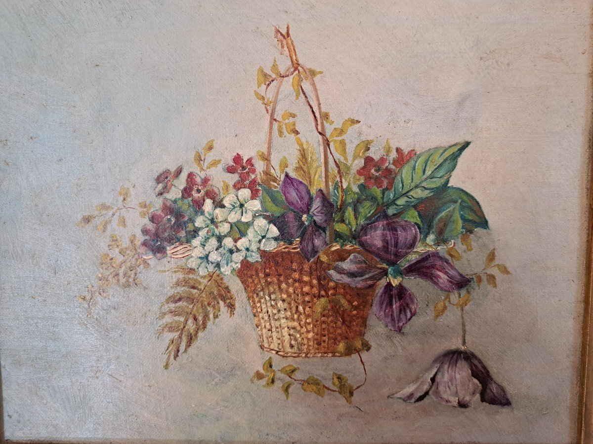 Flower Basket, Oil On Canvas, Late 19th/early 20th Century. -photo-4