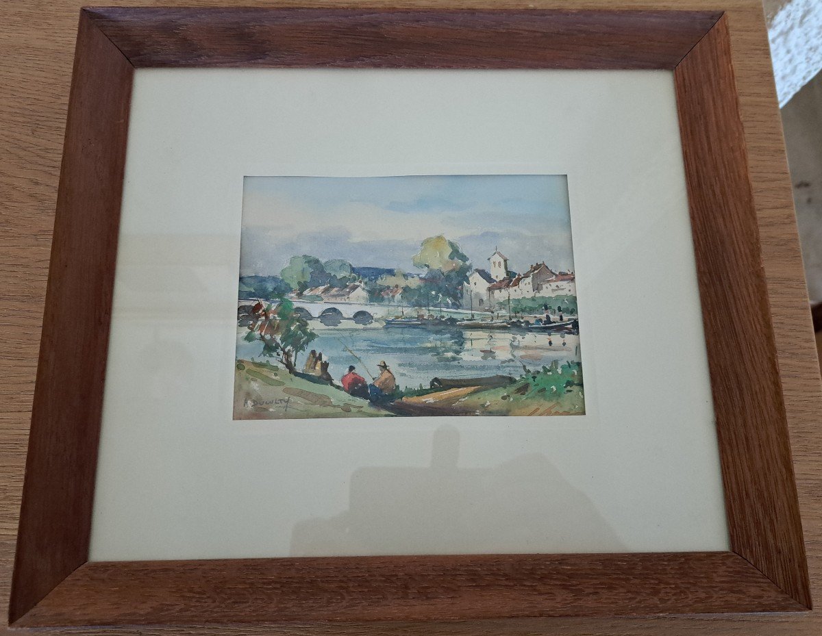 André Duculty, Fishermen Along The River, Watercolor, 20th Century.-photo-2