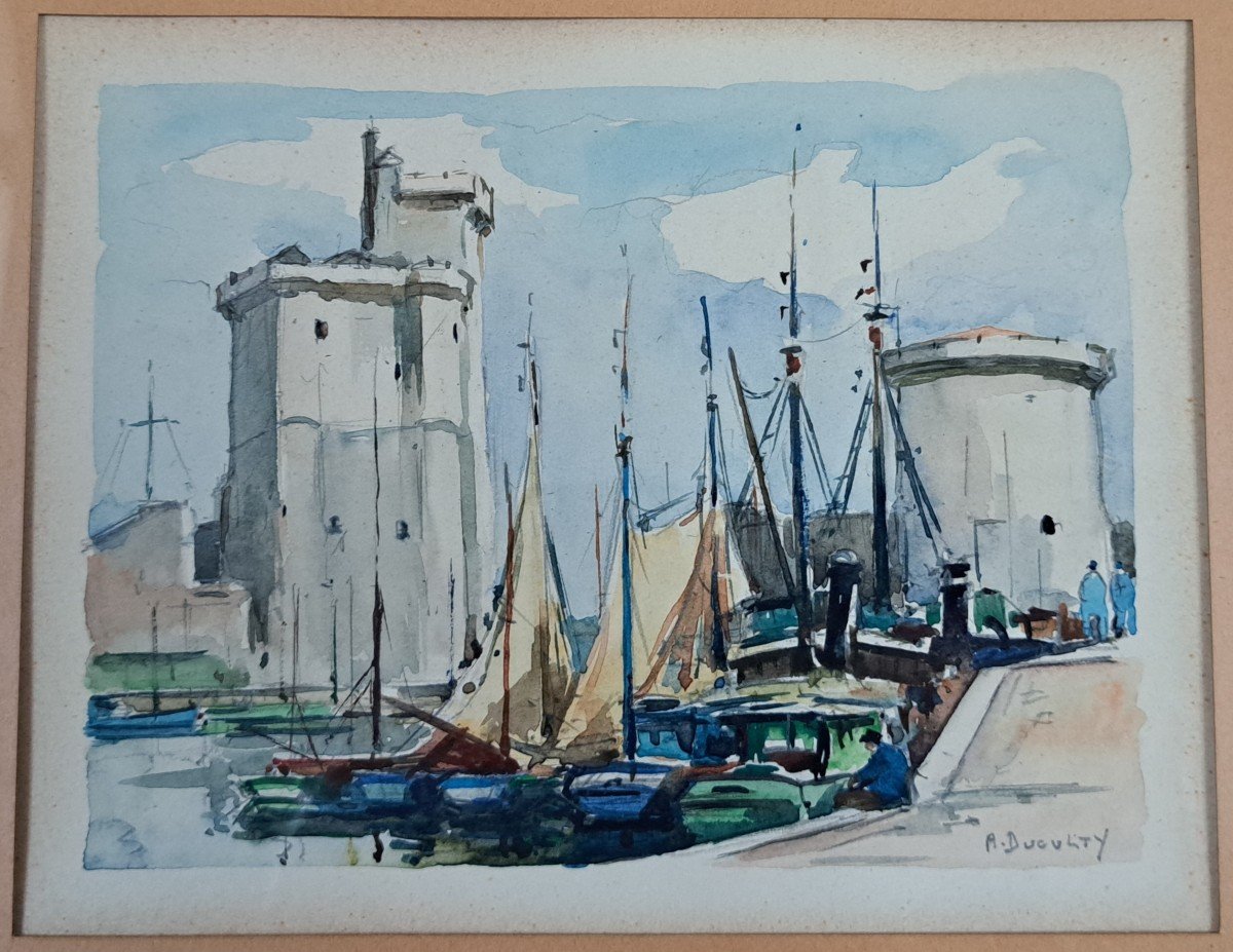 André Duculty, Port Of La Rochelle, Watercolor, 20th Century. -photo-2