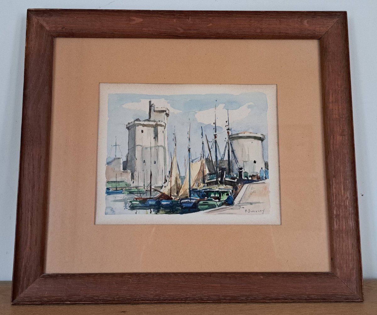 André Duculty, Port Of La Rochelle, Watercolor, 20th Century. 