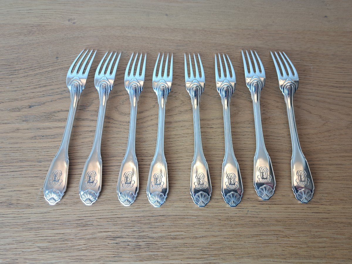 Cardeilhac, 8 Dessert Forks, Regency, 20th Century. -photo-4