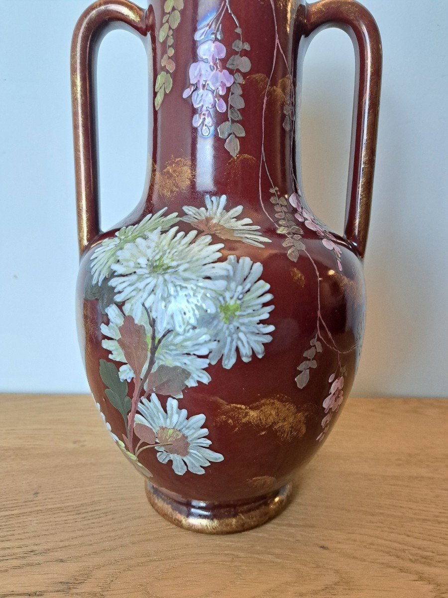 Clément Massier (at), Vase With Tokyo Chrysanthemums And Wisteria, Earthenware, Art Nouveau. -photo-2