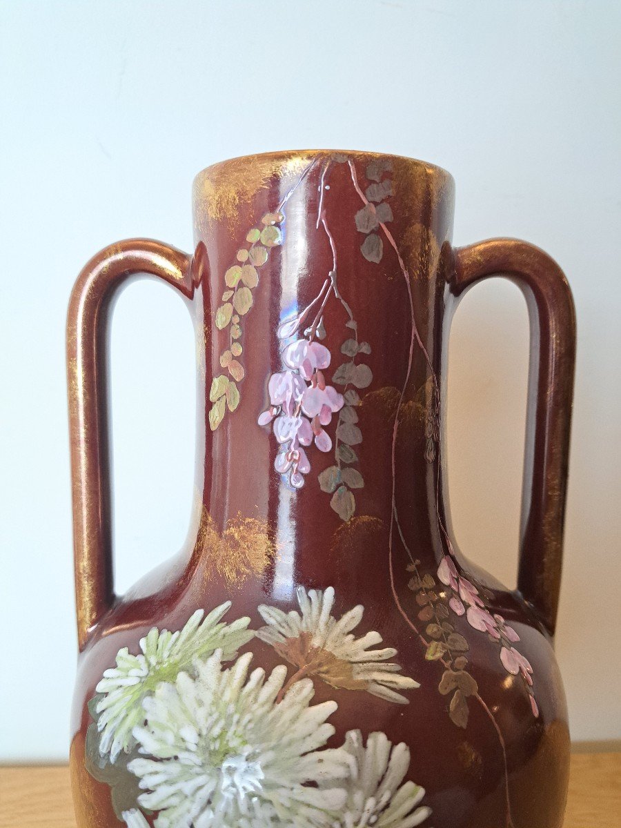 Clément Massier (at), Vase With Tokyo Chrysanthemums And Wisteria, Earthenware, Art Nouveau. -photo-3