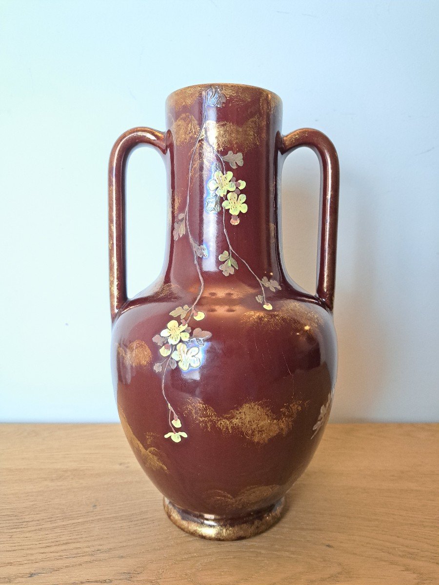 Clément Massier (at), Vase With Tokyo Chrysanthemums And Wisteria, Earthenware, Art Nouveau. -photo-4