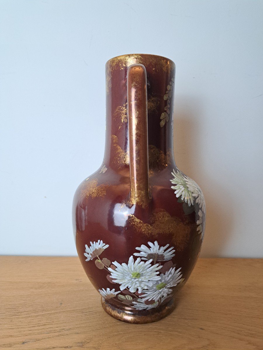 Clément Massier (at), Vase With Tokyo Chrysanthemums And Wisteria, Earthenware, Art Nouveau. -photo-1