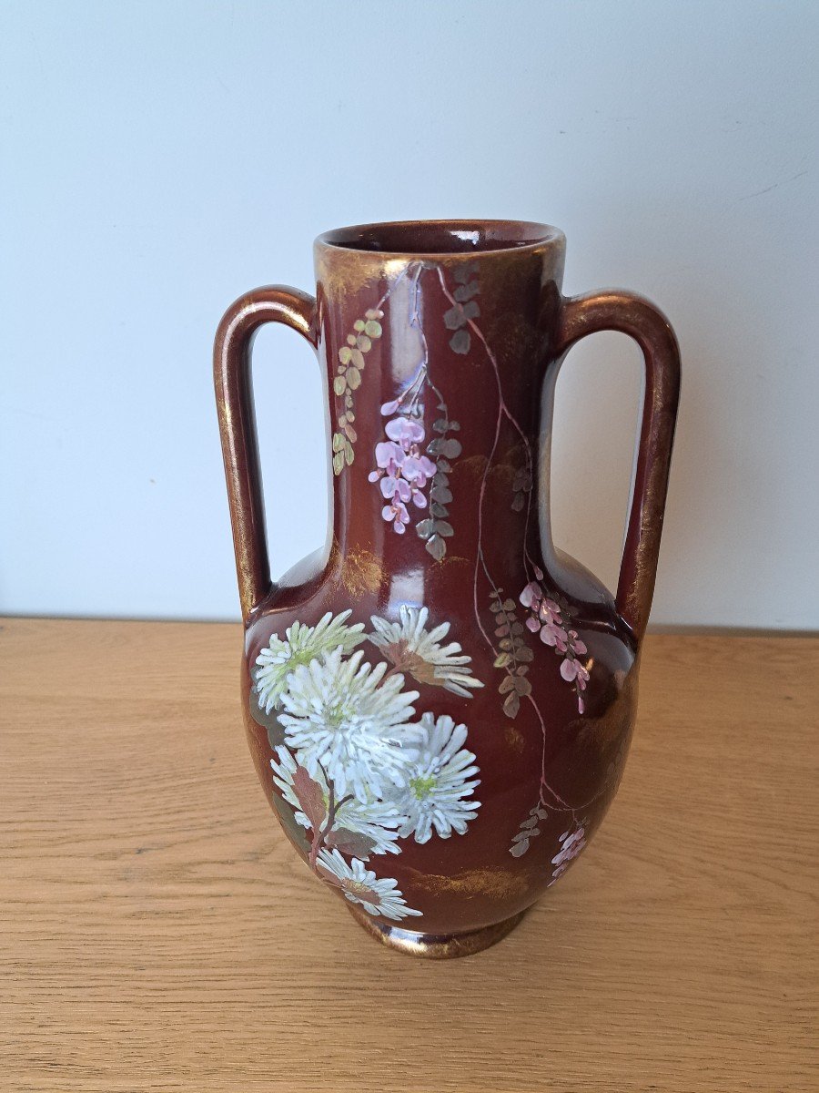 Clément Massier (at), Vase With Tokyo Chrysanthemums And Wisteria, Earthenware, Art Nouveau. -photo-5