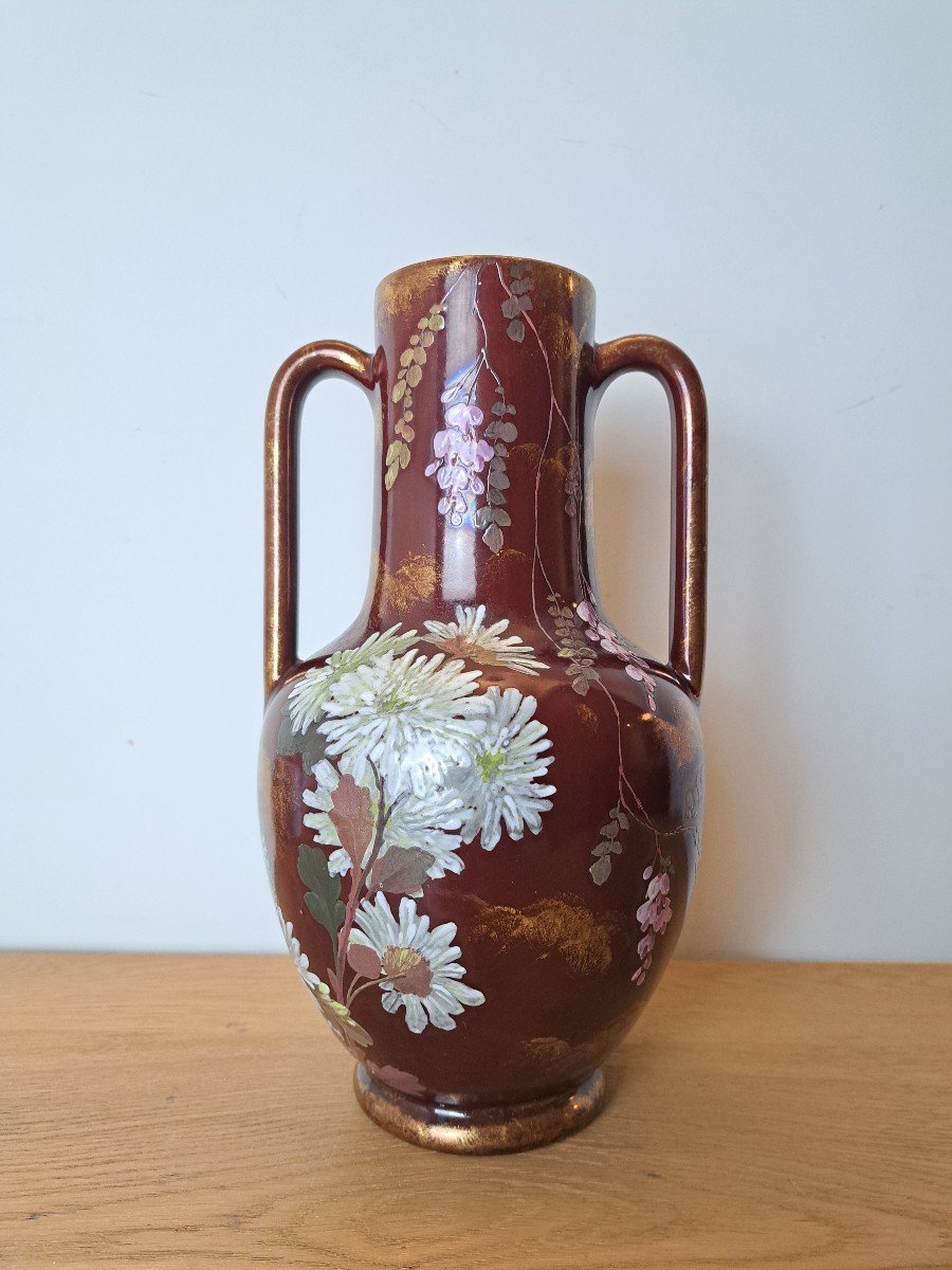 Clément Massier (at), Vase With Tokyo Chrysanthemums And Wisteria, Earthenware, Art Nouveau. 