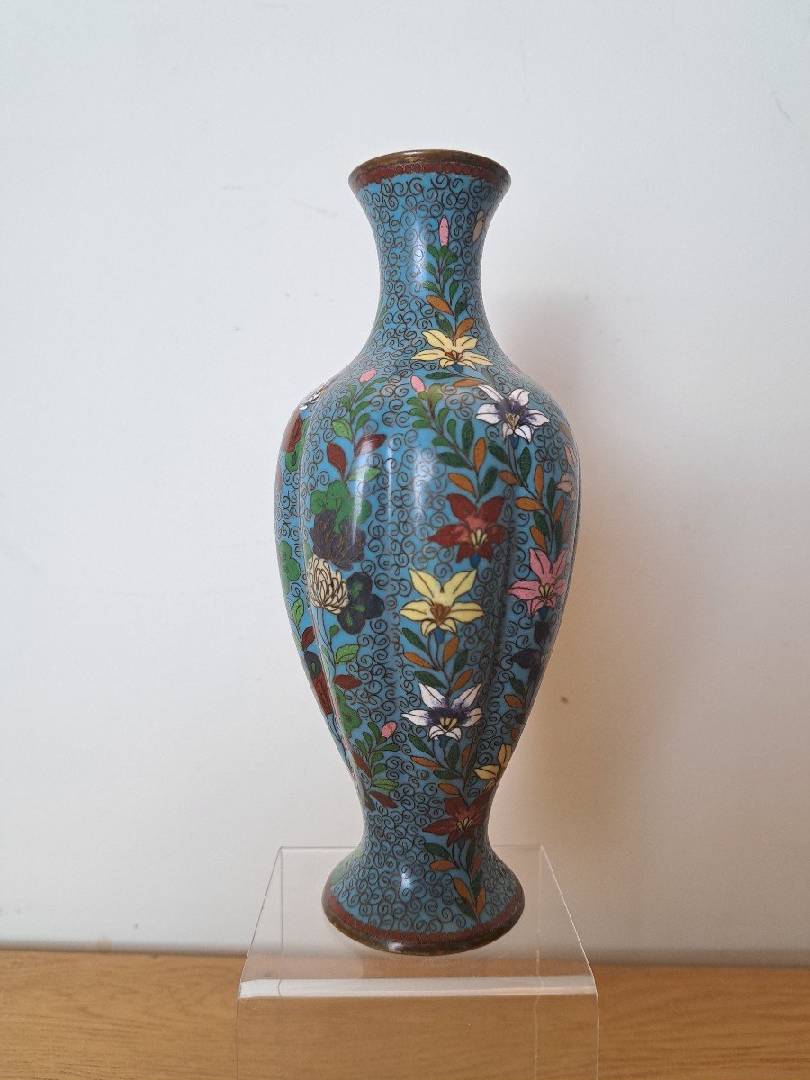 Japon , Vase En émail Cloisonné , Fleurs , Fin XIX°/début XX°. -photo-4