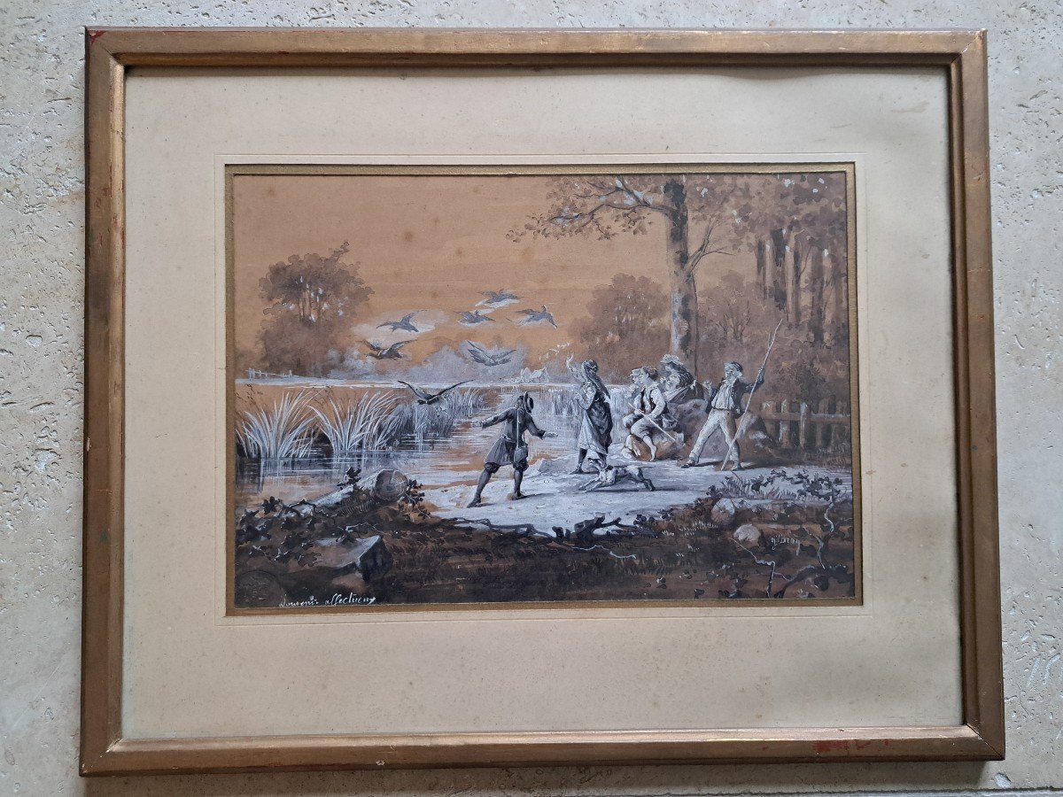 J.Caron , Groupe d'Enfants Au Bord De l'Eau, Dessin, Aquarelle  , Fin XIX°. -photo-2