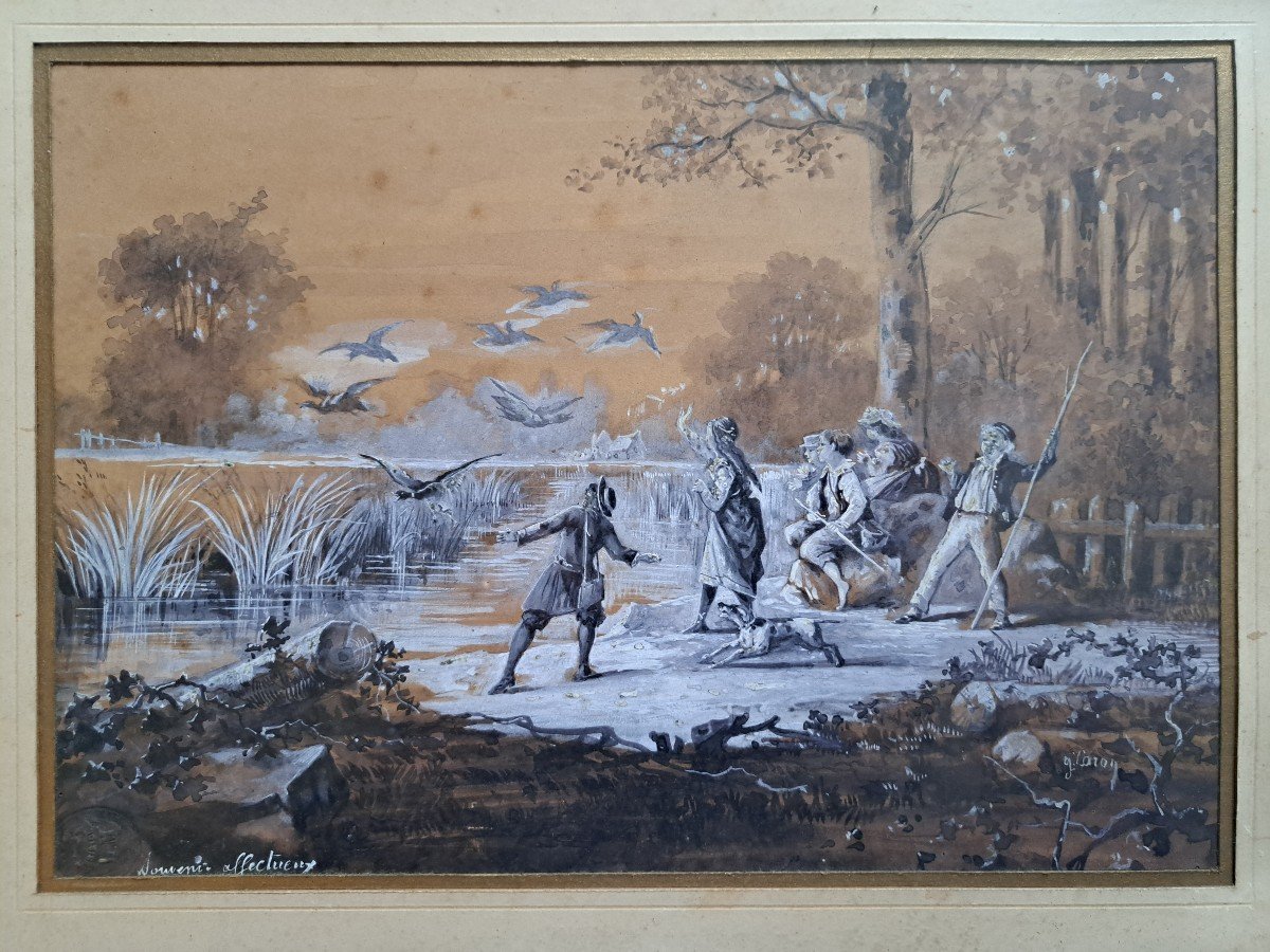 J.Caron , Groupe d'Enfants Au Bord De l'Eau, Dessin, Aquarelle  , Fin XIX°. -photo-3