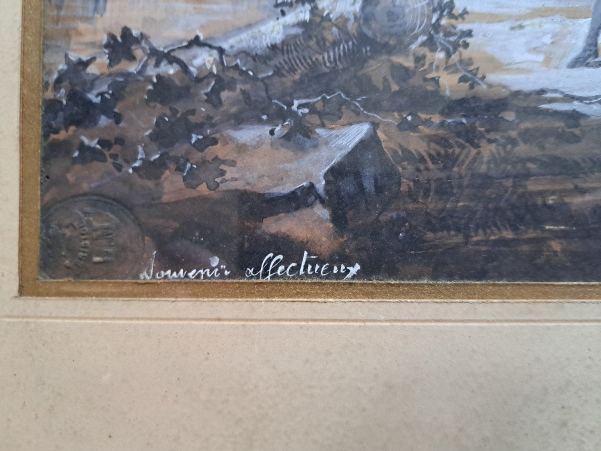 J.Caron , Groupe d'Enfants Au Bord De l'Eau, Dessin, Aquarelle  , Fin XIX°. -photo-2