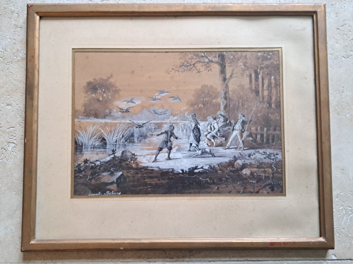 J.Caron , Groupe d'Enfants Au Bord De l'Eau, Dessin, Aquarelle  , Fin XIX°. -photo-4