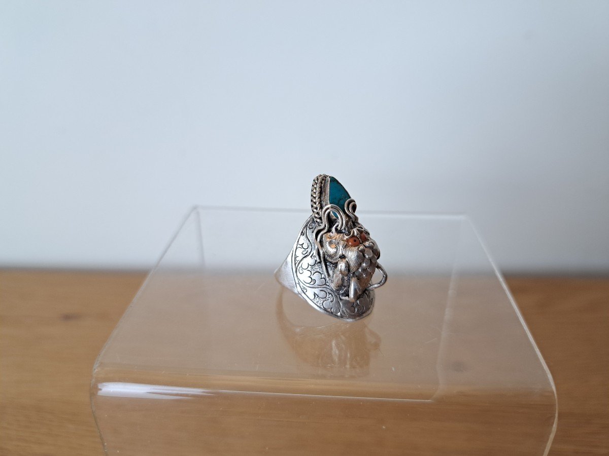 Tibet , Népal , Bague , Tête De Dragon , Argent , Lapis Lazuli , Corail, XX°. 