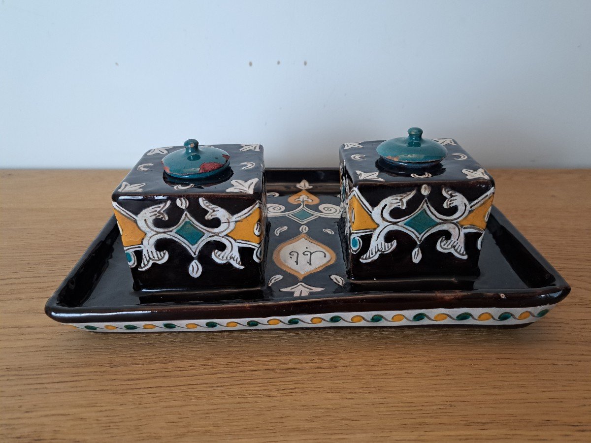 Louis Tissier /nabeul Workshop, Inkwell, Enameled Ceramic, Tunisia, Early 20th Century. -photo-1