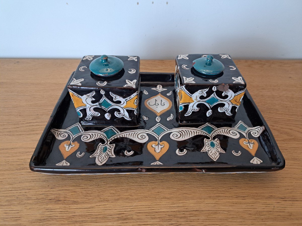 Louis Tissier /nabeul Workshop, Inkwell, Enameled Ceramic, Tunisia, Early 20th Century. 