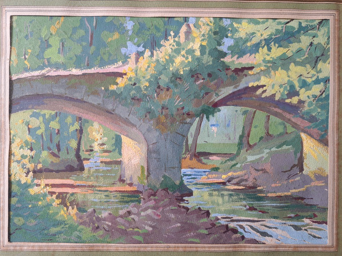 The Old Bridge, Gouache On Paper, Signed, 20th Century. -photo-3