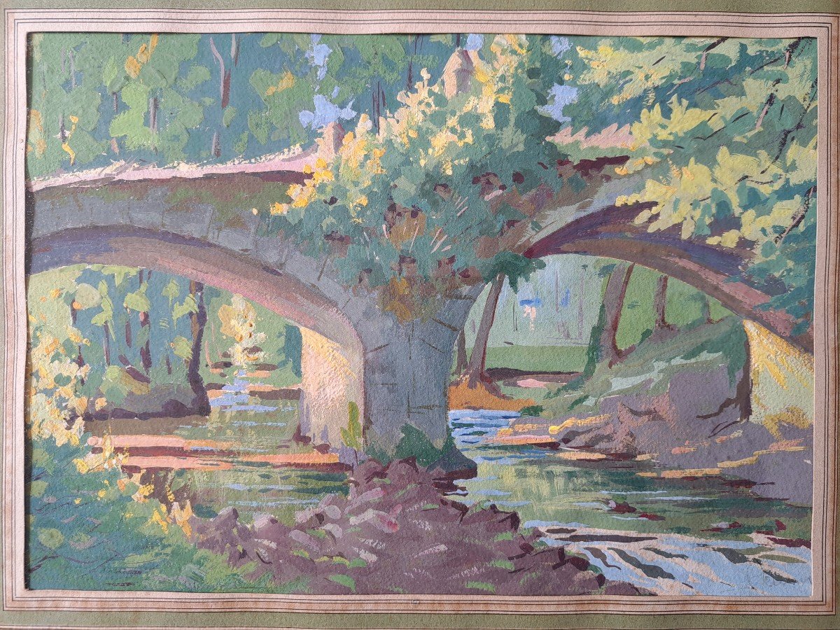 The Old Bridge, Gouache On Paper, Signed, 20th Century. -photo-4
