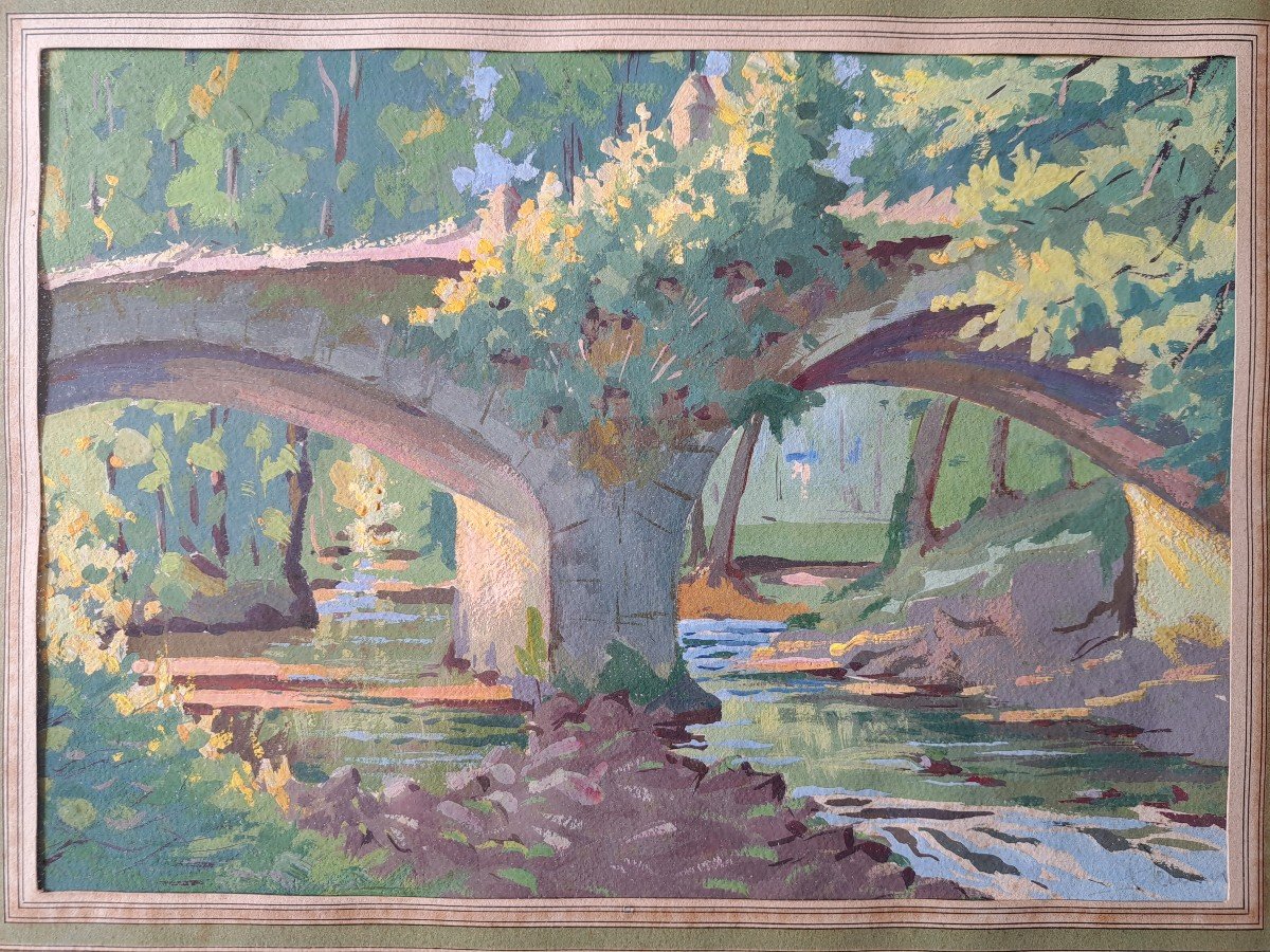 Le Vieux Pont , Gouache Sur Papier , Signé , XX°. -photo-4