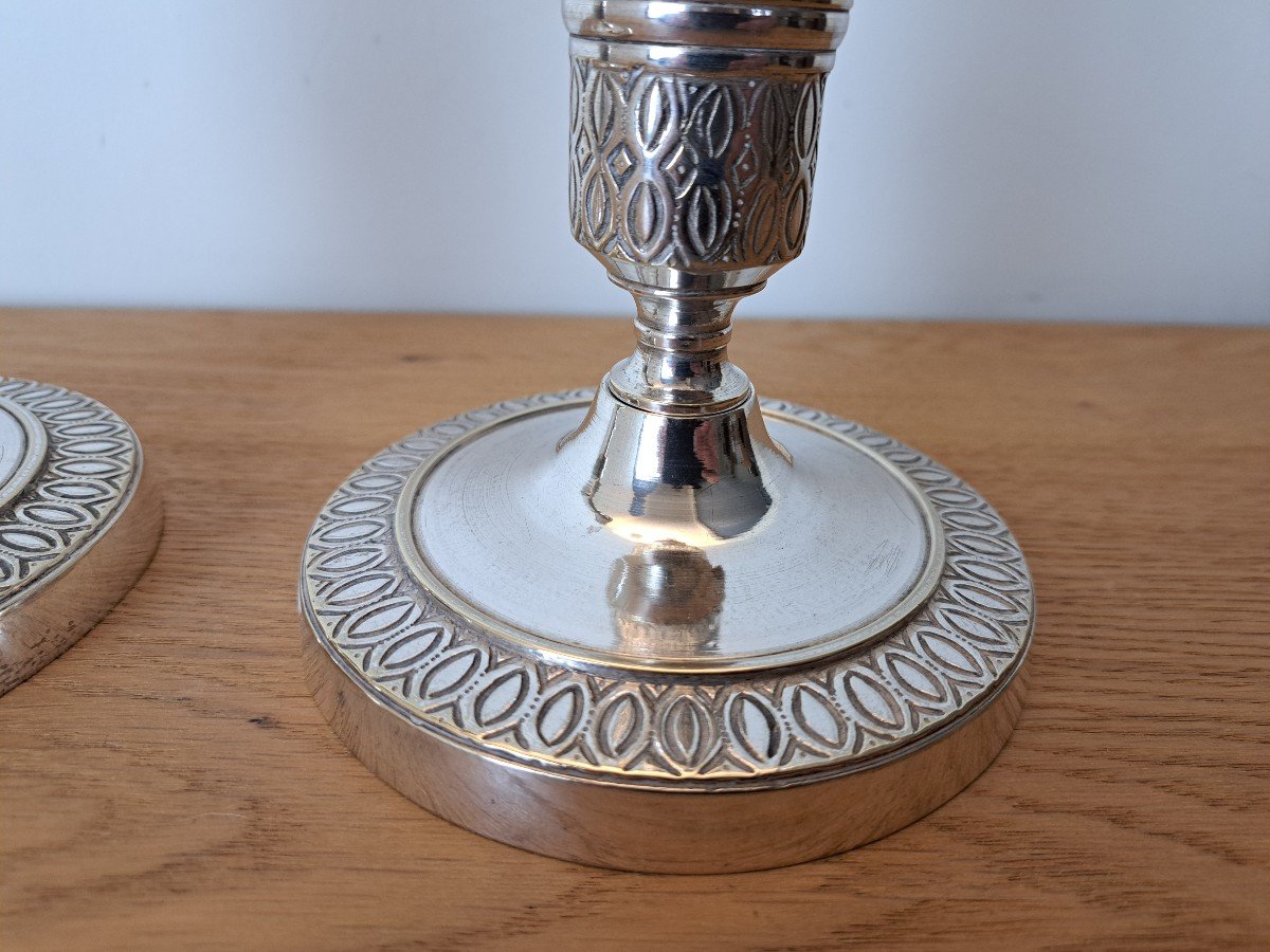 Paire De Bougeoirs , Bronze Argenté, Style Empire , XIX°.-photo-3