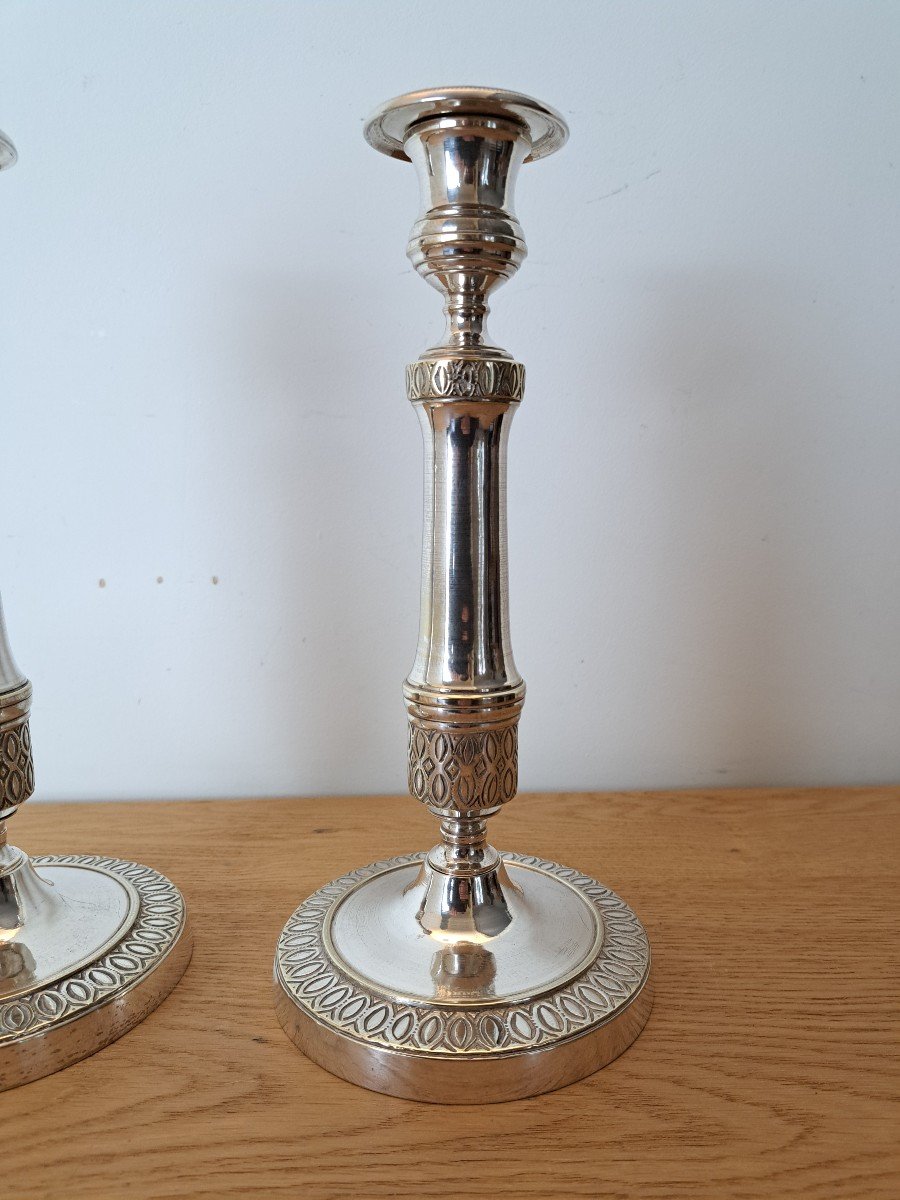 Paire De Bougeoirs , Bronze Argenté, Style Empire , XIX°.-photo-4