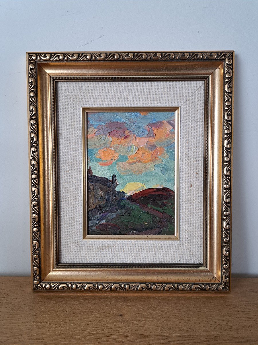 Ukrainienne School, Landscape, Oil On Cardboard, Year 60. 