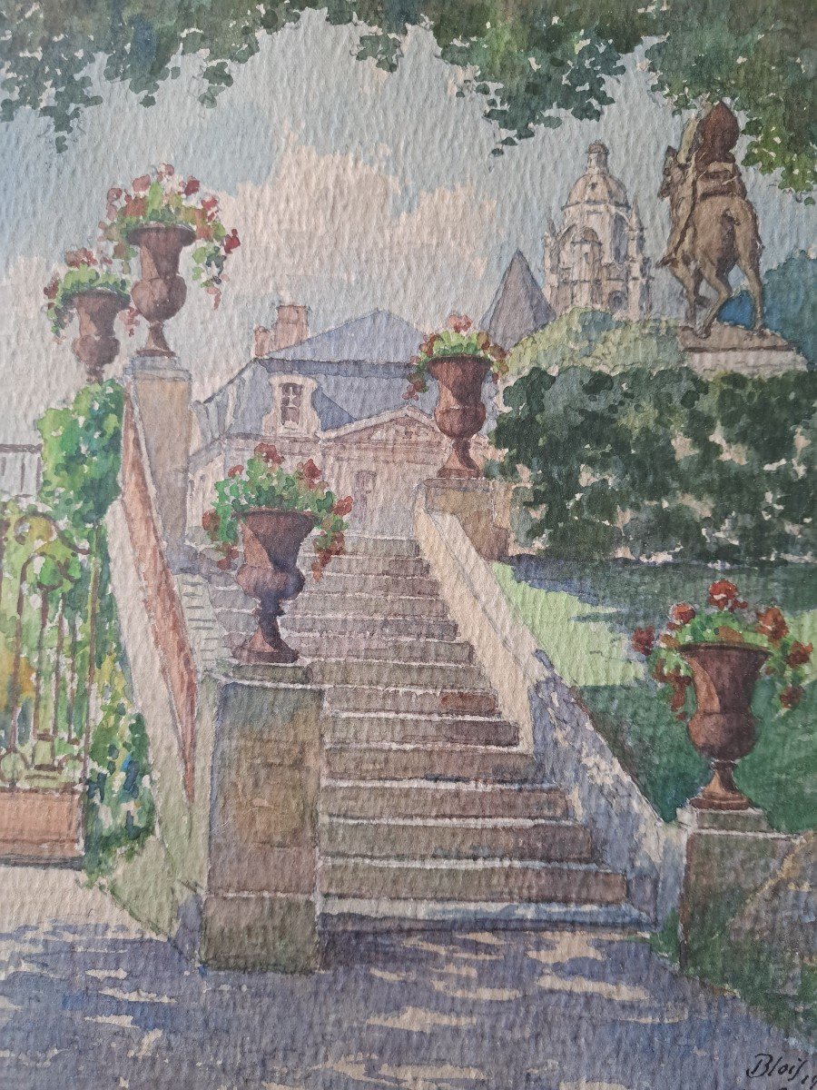 V.schlienger, View Of Park, Blois, Watercolor, 20th Century. -photo-2