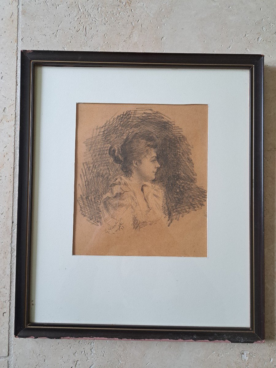 Portrait d'Une Jeune Femme , Dessin , Crayon , Fin XIX°. -photo-2