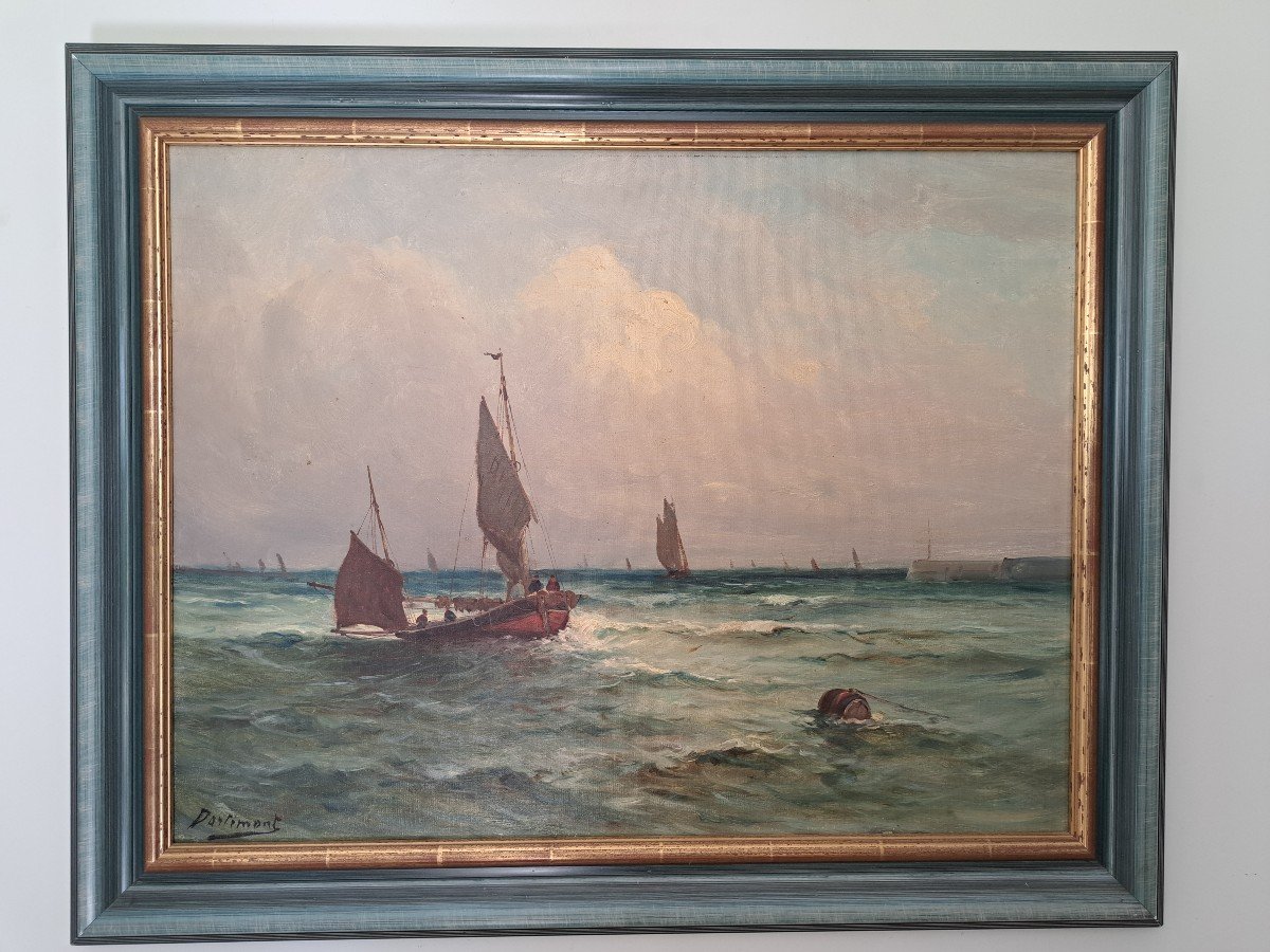 Dartimont, Sailboats Returning To Port, Oil On Canvas, 20th Century. -photo-2